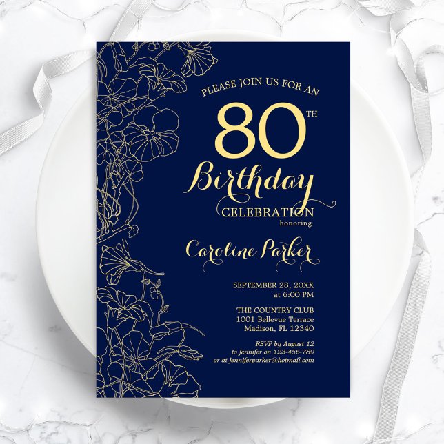 Navy Blue Gold Floral 80th Birthday Party Invitation (Creator Uploaded)