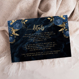 Navy Blue Gold Floral Agate Script Wedding Details Enclosure Card