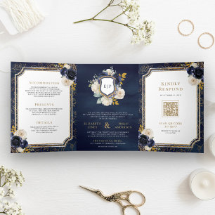 Navy Blue Gold Floral All in One Crest Wedding Tri-Fold Invitation