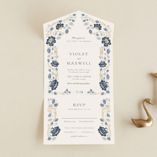 Navy Blue Gold Floral Art Nouveau Wedding All In One Invitation