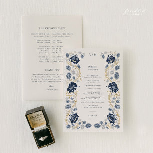 Navy Blue Gold Floral Art Nouveau Wedding Programme