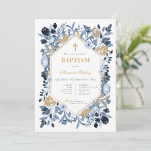 Navy Blue & Gold Floral Boy Baptism Invitation