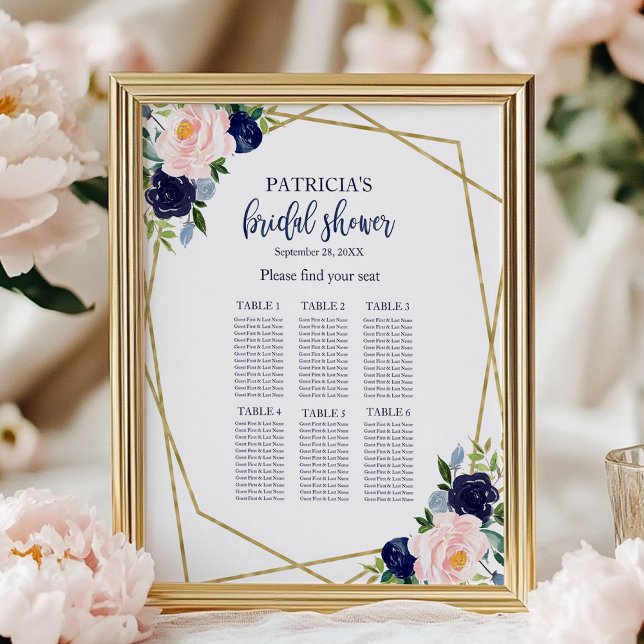 Navy Blue Gold Floral Bridal Shower Seating Chart (Creator Uploaded)