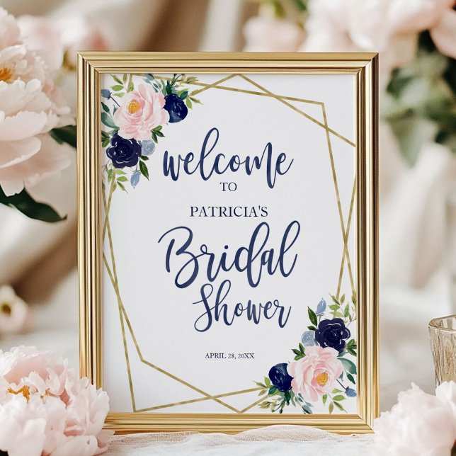 Navy Blue Gold Floral Bridal Shower Welcome Poster (Creator Uploaded)