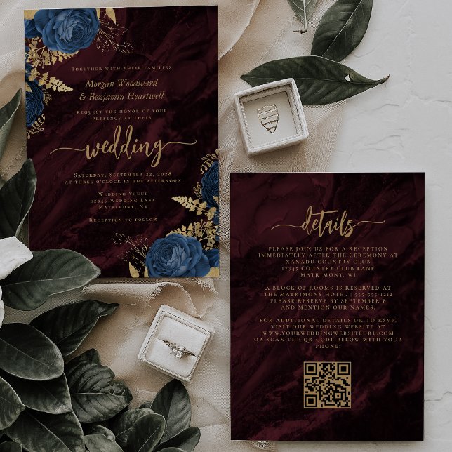 Navy Blue Gold Floral Burgundy QR Code Wedding Invitation (Creator Uploaded)