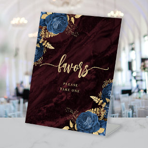 Navy Blue Gold Floral Burgundy Wedding Favours Pedestal Sign