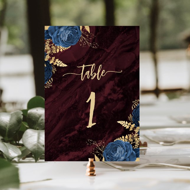 Navy Blue Gold Floral Burgundy Wedding Table Number (Creator Uploaded)