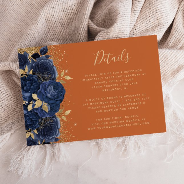 Navy Blue Gold Floral Burnt Orange Wedding Details Enclosure Card (Creator Uploaded)