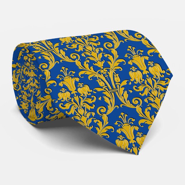 Navy Blue Gold Floral Damask Tie (Rolled)