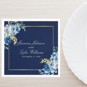 Navy Blue Gold Floral Elegant Evening Wedding Napkin