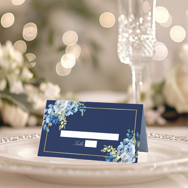 Navy Blue Gold Floral Elegant Evening Wedding Place Card (Creator Uploaded)