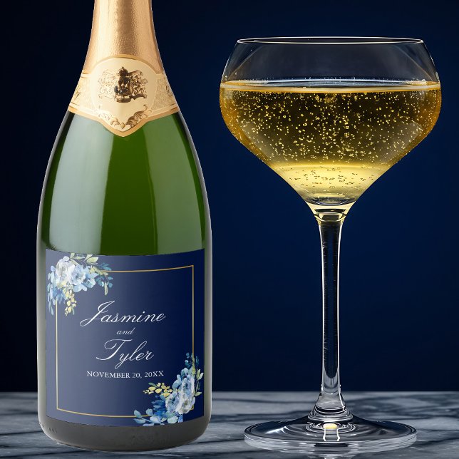 Navy Blue Gold Floral Elegant Evening Wedding Sparkling Wine Label (Creator Uploaded)