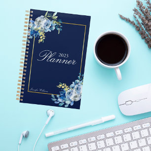 Navy Blue Gold Floral Elegant Personalised 2023 Planner