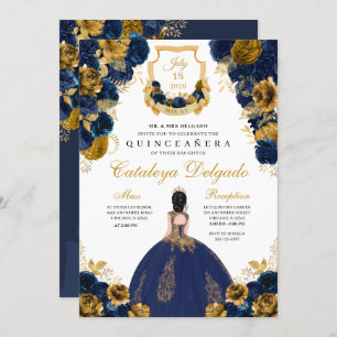 Navy Blue & Gold Floral Elegant Quinceañera Invitation