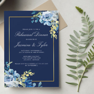 Navy Blue Gold Floral Elegant Rehearsal Dinner Invitation