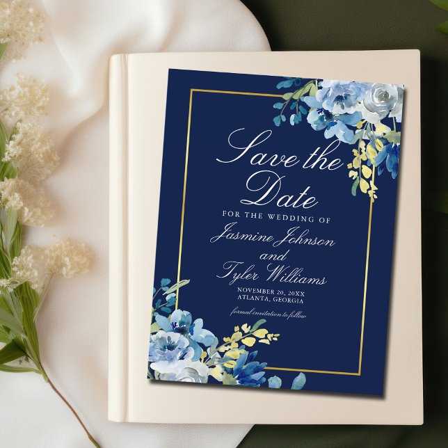 Navy Blue Gold Floral Elegant Save The Date Postcard (Creator Uploaded)