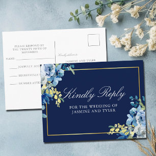 Navy Blue Gold Floral Elegant Wedding RSVP Postcard