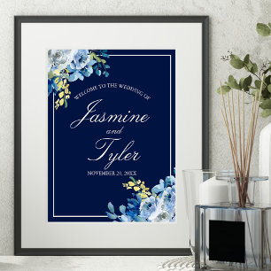 Navy Blue Gold Floral Elegant Welcome Wedding Poster