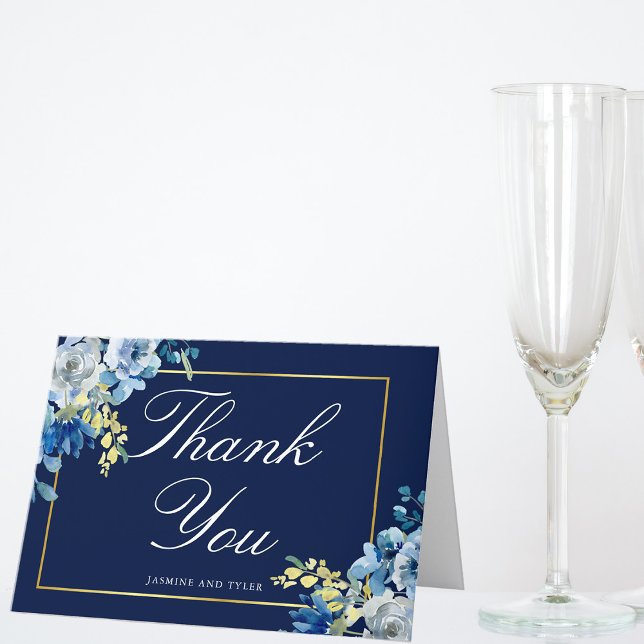 Navy Blue Gold Floral Elegant White Script Folded Thank You Card (Creator Uploaded)