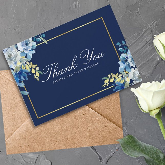 Navy Blue Gold Floral Elegant White Script Thank You Card (Creator Uploaded)