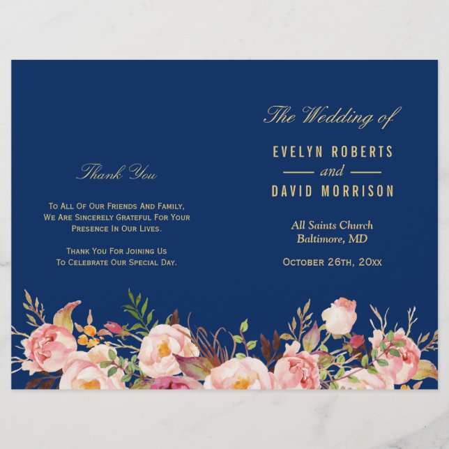 Navy Blue Gold Floral Folded Wedding Program (Front)