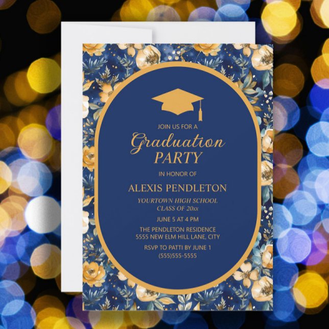 Navy Blue Gold Floral High School Graduation Cap Invitation (Navy blue and gold floral graduation party invitation)