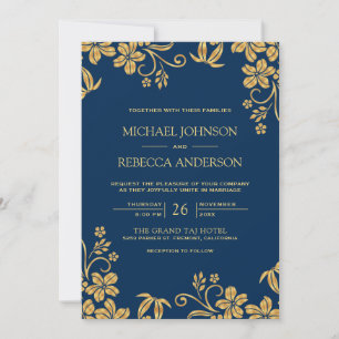Navy Blue Gold Floral Leaves QR Code Wedding Invitation