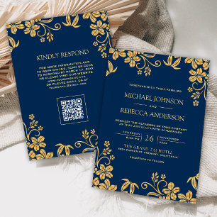 Navy Blue Gold Floral Leaves QR Code Wedding Invitation