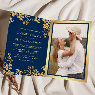 Navy Blue Gold Floral Leaves QR Code Wedding Invitation
