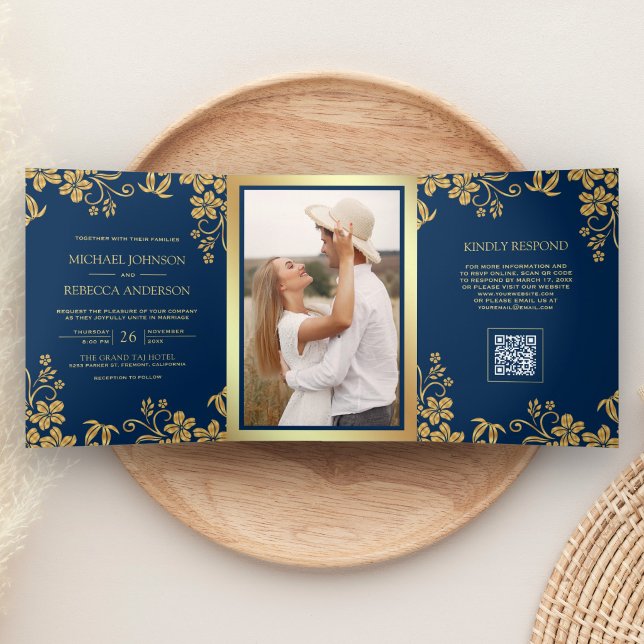 Navy Blue Gold Floral Leaves QR Code Wedding Tri-Fold Invitation (Creator Uploaded)