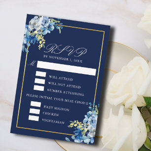 Navy Blue Gold Floral Meal Choice Elegant Wedding RSVP Card