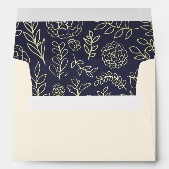 Navy Blue | Gold Floral Pattern Wedding Envelopes (Back (Bottom))