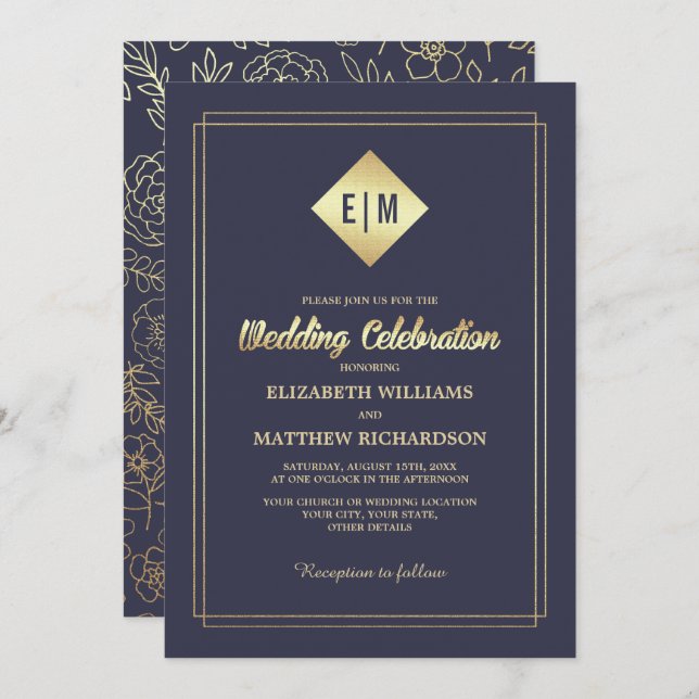 Navy Blue | Gold Floral Pattern Wedding  Invitation (Front/Back)