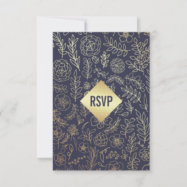 Navy Blue Gold Floral Pattern Wedding RSVP Card (Front)