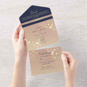 Navy Blue & Gold Floral Photo Wedding Invite