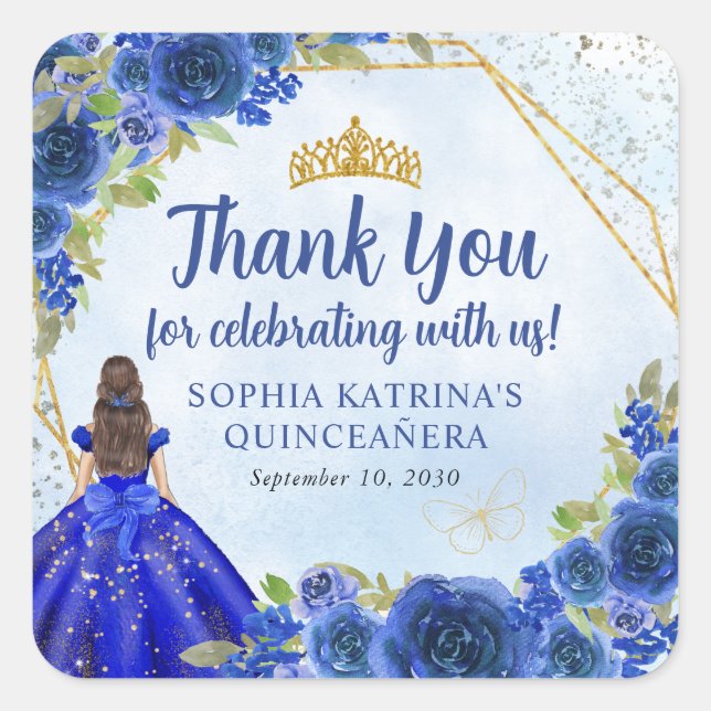 Navy Blue Gold Floral Princess Crown Thank You Square Sticker (Front)