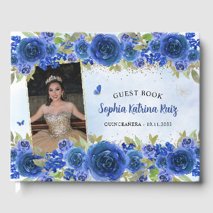Navy Blue Gold Floral Princess Quinceañera Photo Guest Book