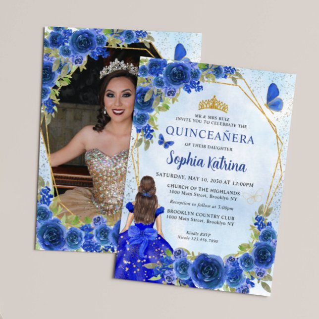 Navy Blue Gold Floral Princess Quinceañera Photo Invitation (Creator Uploaded)