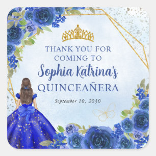 Navy Blue Gold Floral Princess Tiara Thank You Square Sticker