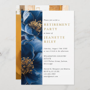 Navy Blue Gold Floral Retirement Party Photo Invitation