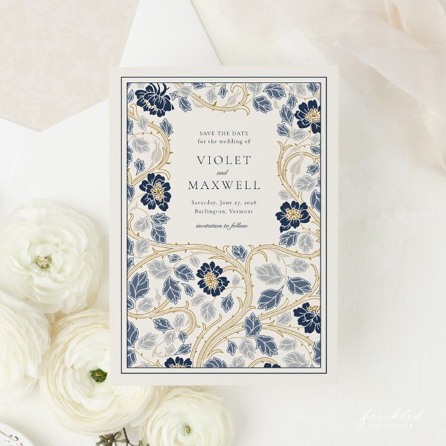 Navy Blue Gold Floral Save The Date Card (Navy Gold Floral Art Nouveau Wedding Invitation)