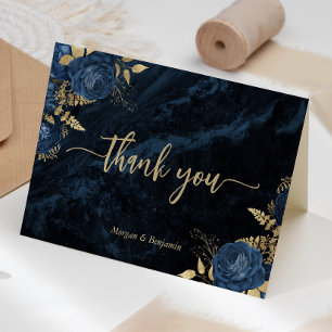 Navy Blue Gold Floral Script Wedding Thank You Card