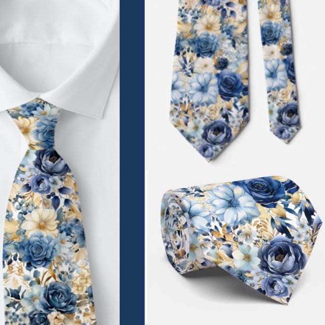 Navy Blue Gold Floral Watercolor Flowers Wedding  Tie (Creator Uploaded)