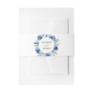 Navy blue gold floral watercolor modern wedding invitation belly band