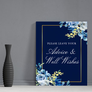 Navy Blue Gold Floral Wedding Advice & Well Wishes Poster