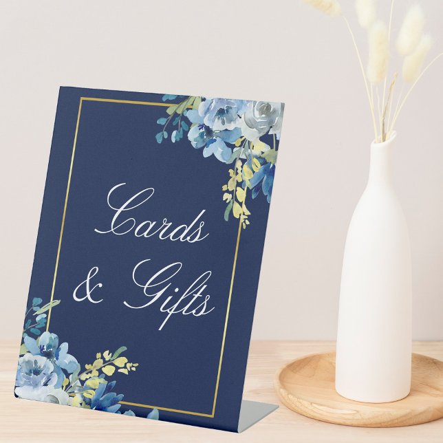 Navy Blue Gold Floral Wedding Chic Cards & Gifts Pedestal Sign (Creator Uploaded)