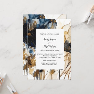 Navy Blue Gold Floral Wedding Invitation