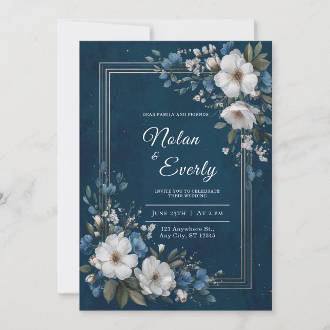 Navy Blue Gold Floral Wedding  Invitation (Front)