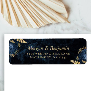 Navy Blue Gold Floral Wedding Return Address