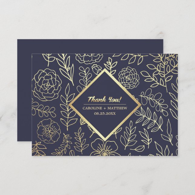 Navy Blue | Gold Floral Wedding Thank You Card (Front/Back)